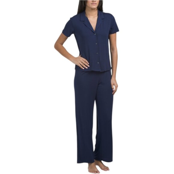 NATORI 2pc Knit Short Sleeve Notch Collar Top And Pants Pajama Set